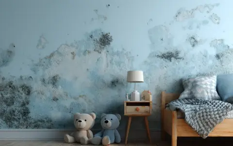 Schimmel an der Wand im Kinderzimmer. Die Auswirkungen von Schimmel auf ungeborene Kinder sind besorgniserregend.