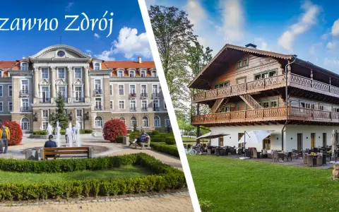 Szczawno Zdrój sanatorium: okazały budynek i drewniana willa z tarasem i ogródkiem.