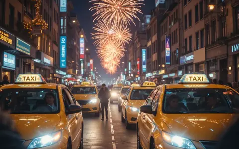 Gelbe Taxis stehen in einer beleuchteten Straße, während Feuerwerk den Silvesterhimmel erhellt.