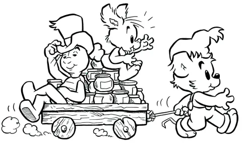 A cartoon bear pulls a wagon filled with honey jars, with a rabbit and a boy riding in it.