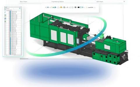 Projektowanie wtryskarki z wykorzystaniem narzędzi CAD/CAM/CAE. Widok modelu 3D z drzewem części.