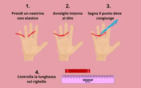 Guida per misurare la circonferenza del dito: avvolgi un nastrino, segna il punto di congiunzione e controlla la lunghezza sul righello per capire a cosa corrisponde misura 50 anello.