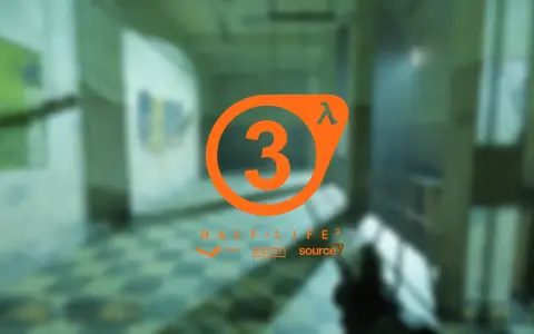 El logo de Half-Life 3, con el número 3 en naranja dentro del símbolo Lambda, sobre un fondo borroso de un pasillo.
