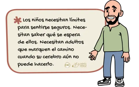 Un hombre calvo con barba sonríe. Un texto en un bocadillo explica que la crianza respetuosa implica dar límites a los niños para que se sientan seguros.