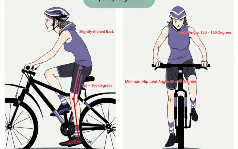 Illustrazione di una persona che pedala in bicicletta con la postura corretta, evidenziando angoli ottimali per schiena, gomiti e anche.