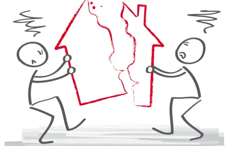 Deux personnages tentent de séparer une maison rouge, symbolisant les inconvénients d'une communauté universelle divisée.
