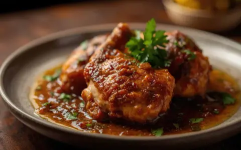 Pollo en salsa de la abuela Carmen, jugoso y cubierto de una rica salsa, servido en un plato con perejil fresco.