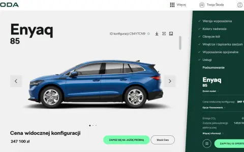 Niebieski Skoda Enyaq 85, cena widocznej konfiguracji 247 100 zł. Sprawdź aktualną skoda enyaq cena i konfigurację.
