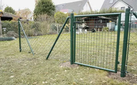 Ein grüner Maschendrahtzaun wird gespannt, mit einem Tor, das offen steht. Im Hintergrund sind Häuser und ein Schuppen zu sehen.