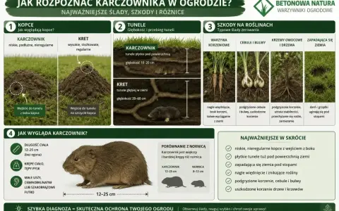 Niskie, nieregularne kopce karczownika w ogrodzie, płytkie tunele i szkody w roślinach. Porównanie z nornicą.