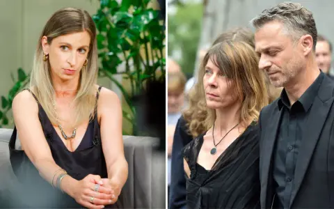 Dominika Laskowska w czarnej sukience i mężczyzna w garniturze, oboje zamyśleni.