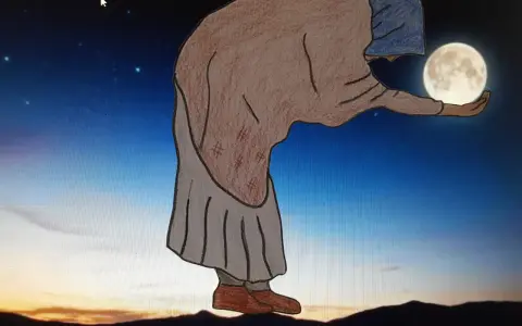 Une vieille femme, dans une scène de photo double sens, tient la lune dans sa main, sous un ciel étoilé.