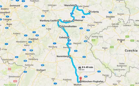 Resa i norra Tyskland: en rutt från Wartburg Castle via Leipzig till München.