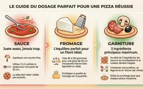 Guide pour la cuisson pizza : sauce, fromage et garniture. Conseils pour un dosage parfait et des saveurs équilibrées.