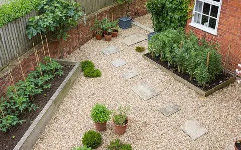 Un huerto urbano en terraza con tomates y habas en bancales de madera, senderos de grava y plantas en macetas.
