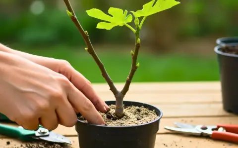 Mains ajustant la terre autour d'un jeune pousse figuier dans un pot. Des cisailles de jardinage sont à proximité.