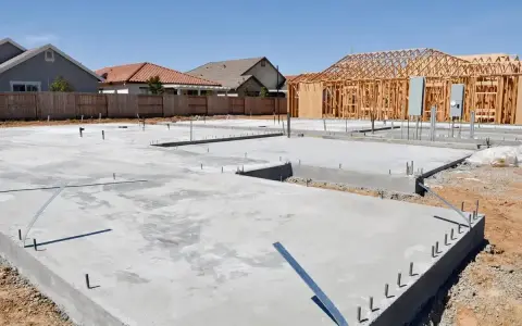 Fundament domu w budowie, widać beton na chudziaka, zbrojenie i szkielet drewniany przyszłego budynku.