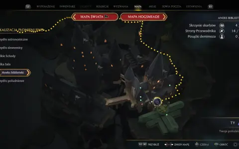 Mapa Hogwartu z zaznaczoną ścieżką. Widać skrzydła zamku, bibliotekę i lokalizację płomieni. Szukasz kluczy Dedala?