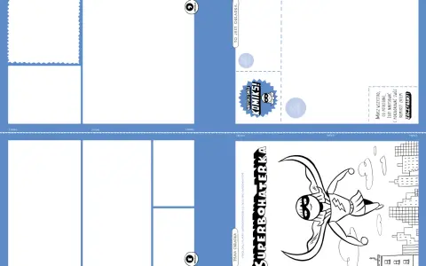 Szablon komiksu z miejscem na okładkę, strony i rysunek superbohatera nad miastem.