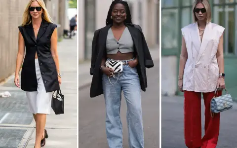 Moda: cosa mettere sotto gilet donna. Tre look con gilet eleganti: uno nero con pantaloni bianchi, uno grigio con jeans, uno rosa con pantaloni rossi.