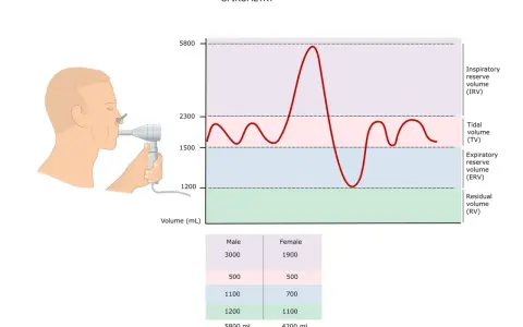 Grafika pokazuje badanie spirometrii z wykresem objętości płuc i tabelą spirometria normy.