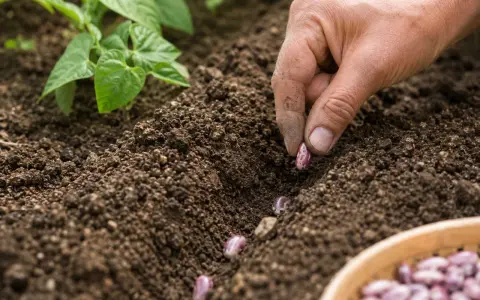 Main d'un jardinier semant des haricots dans la terre, une étape essentielle après avoir fait tremper les haricots avant de les semer pour une meilleure germination.