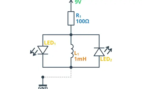 Schemat elektryczny z rezystorem 100Ω, dwoma diodami LED i dławikiem L1 1mH, podłączonymi do źródła 9V i masy.