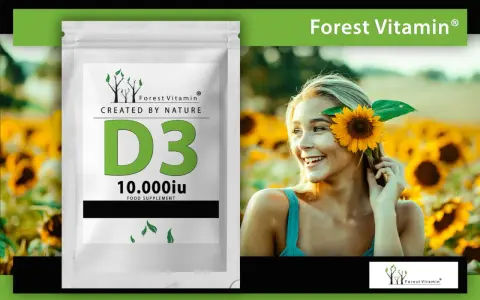 Opakowanie Forest Vitamin D3 10.000iu obok uśmiechniętej kobiety w polu słoneczników.