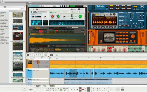 Program Reason, tworzący muzykę, z widocznymi instrumentami, samplerem i sekwencerem. Powód daw.