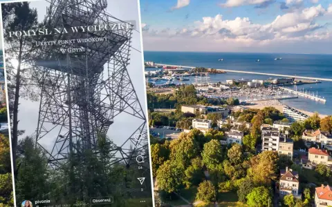 Metalowa konstrukcja przypominająca wieżę widokową, z której rozpościera się panorama Gdyni z portem i morzem.