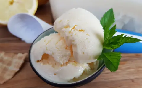 Erfrischendes zitronen joghurt eis mit Minze und einem Waffelstück auf Holztisch.
