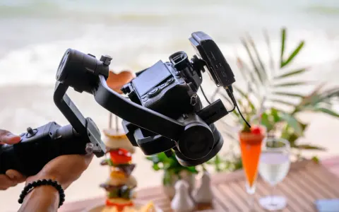Un gimbal stabilizza una fotocamera per riprese in stile mezzo busto cinema, con un drink e cibo in spiaggia sullo sfondo.