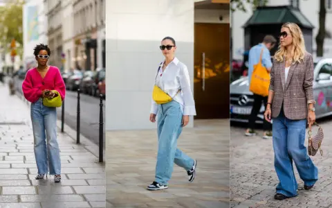 Trzy kobiety prezentują modne spodnie slouchy w różnych stylizacjach. Jedna w różowym kardiganie, druga w białej koszuli, trzecia w marynarce w kratę.