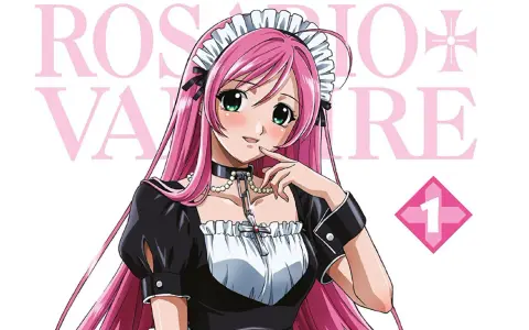 Manga-Charakter mit langen rosa Haaren, in einem Dienstmädchen-Outfit, mit einem Kreuz-Anhänger.