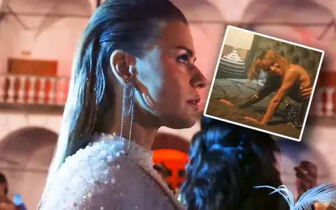 Natasza Urbańska w kadrze z jednego ze swoich filmów, w błyszczącej kreacji. W rogu zdjęcie z innej sceny.