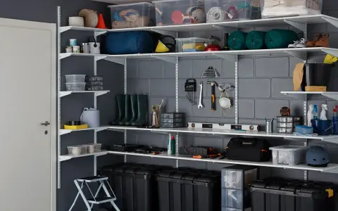 Estanterías metálicas con cajas, herramientas, botas de agua y otros objetos, ideales para saber como organizar un trastero de forma eficiente.