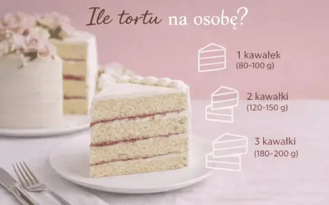 Elegancki tort na 30 osób, z różowymi kwiatami, pokrojony na porcje. Obok grafika z sugerowaną wielkością kawałków.