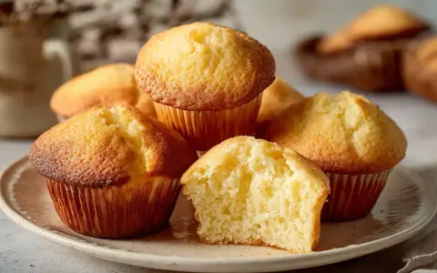 En tallrik med fluffiga muffins, perfekt för ett enkelt muffins recept. En muffin är delad och visar en mjuk insida.