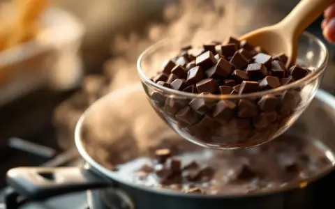 Chocolat en morceaux dans un bol au-dessus d'une casserole d'eau frémissante pour un bain-marie. Le chocolat est sur le point de fondre, prêt à être utilisé pour une recette.