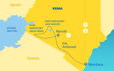 Mapa turystyczna Kenii z zaznaczonymi parkami narodowymi (Masai Mara, Lake Nakuru, Amboseli), Nairobi, Mombasą i Jeziorem Wiktorii.