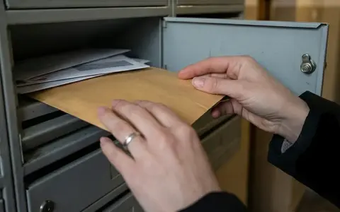 Ręce wyjmują kopertę z brązowego papieru ze skrzynki pocztowej, co może symbolizować nieodebranie nakazu zapłaty przez pozwanego.