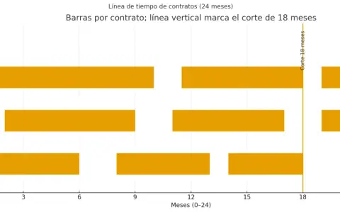 Gráfico de barras que muestra la concatenación de contratos de tres personas a lo largo de 24 meses. Una línea vertical marca el corte de 18 meses.
