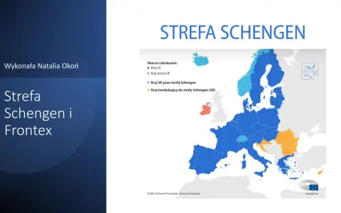 Mapa Europy z zaznaczonymi krajami strefy Schengen, UE i krajami kandydującymi.