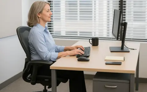 Kvinna arbetar vid datorn i en ergonomisk kontorsmiljö.