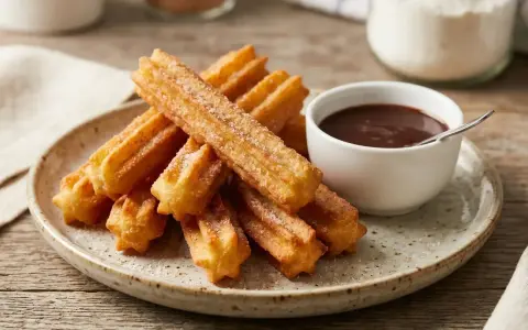 Montón de churros sin gluten espolvoreados con azúcar, junto a una taza de chocolate caliente.