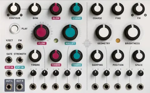 Panel syntezatora modalnego Mutable Instruments Elements z licznymi gałkami i złączami do modulacji dźwięku.