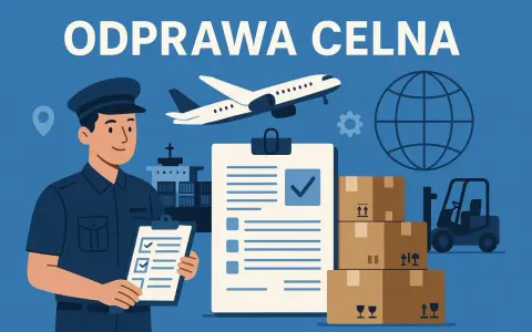 Uśmiechnięty agent celny z dokumentami, samolot, statek, globus, kartony i wózek widłowy symbolizują odprawę celną.