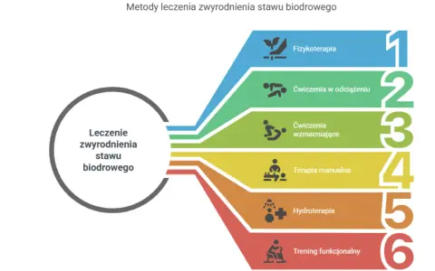 Metody leczenia zwyrodnienia stawu biodrowego: fizykoterapia, ćwiczenia w odciążeniu i wzmacniające, terapia manualna, hydroterapia, trening funkcjonalny.