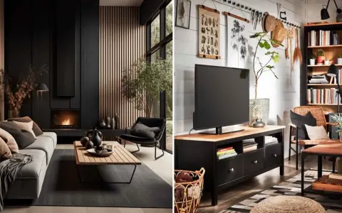 Ambiance chaleureuse avec ce salon noir et bois. Le feu crépite dans la cheminée, le bois apporte de la douceur. Inspiration deco salon noir et bois.