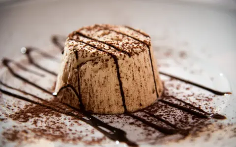 Delizioso parfait di mandorle, spolverato di cacao e decorato con scaglie di cioccolato fondente su un piatto bianco.